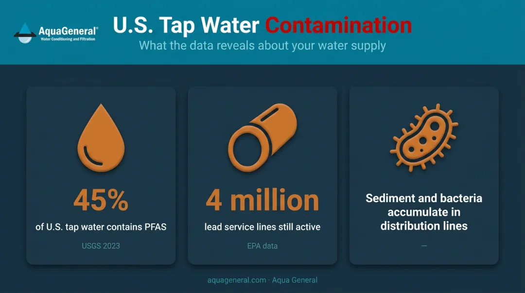 Three key U.S. tap water contamination statistics PFAS lead sediment infographic
