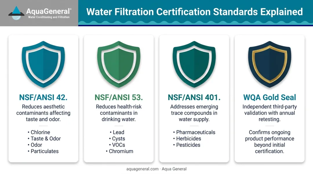 NSF ANSI WQA water filtration certification standards comparison chart infographic