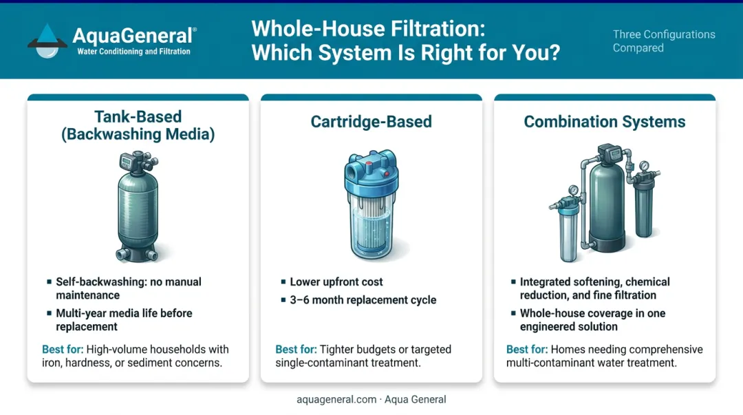 Three whole-house water filtration system types comparison infographic