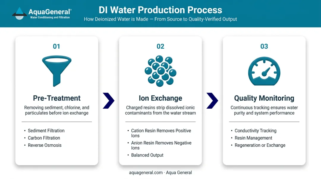 Three-step deionization process flow from pre-treatment through ion exchange to quality monitoring
