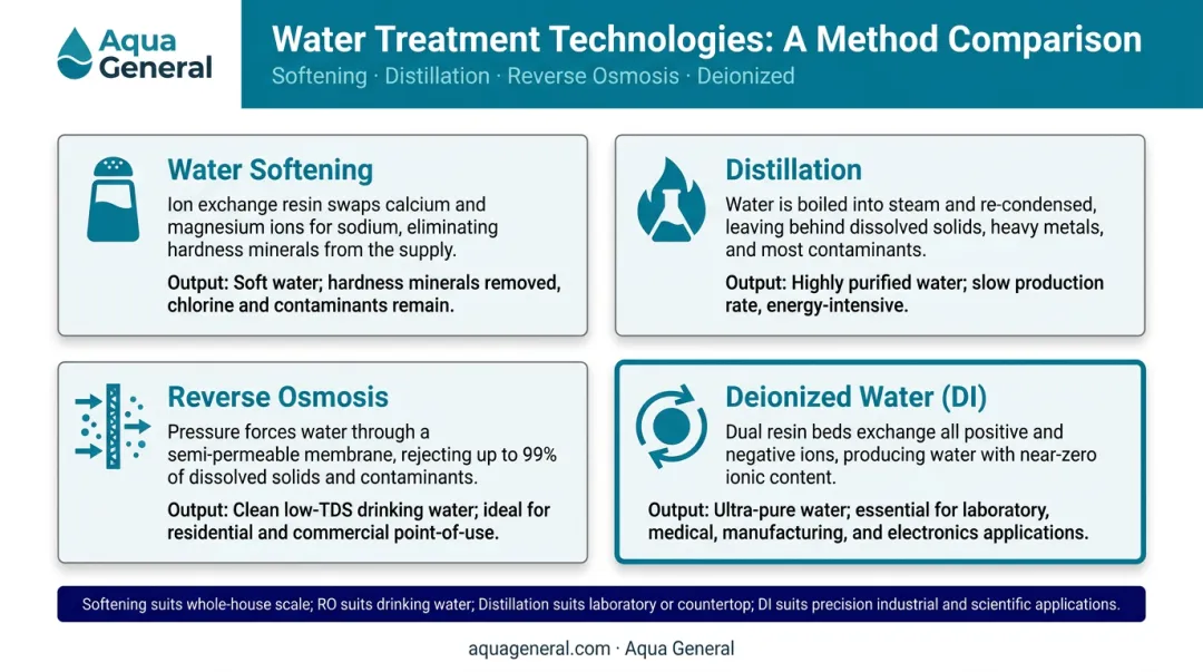 Four water purification methods comparison infographic softening distillation RO and deionization