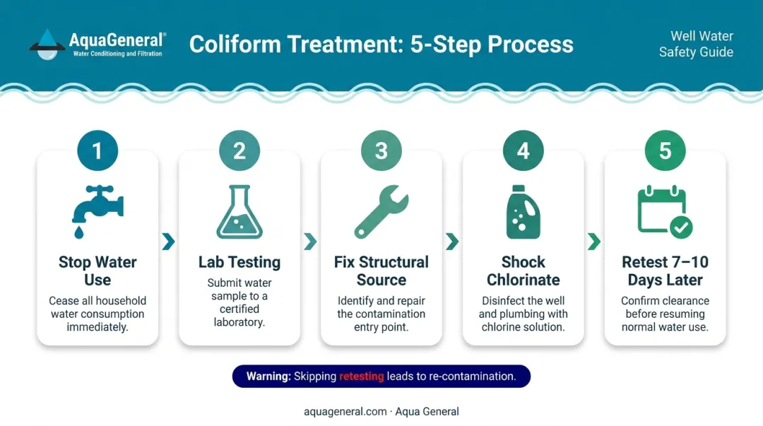 5-step coliform well water treatment process from stopping use to retesting