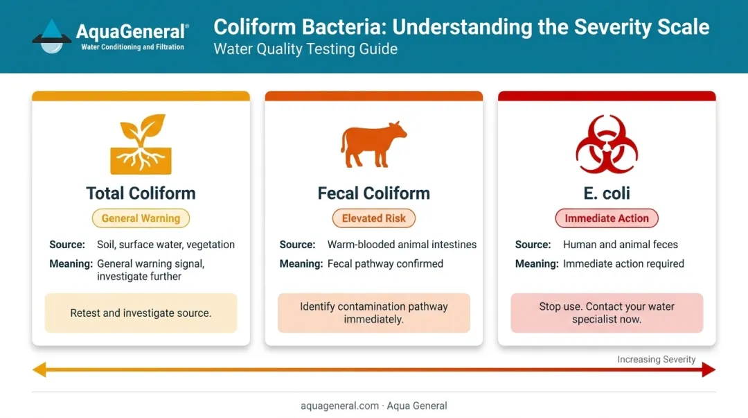Three types of coliform bacteria comparison chart total fecal and E. coli
