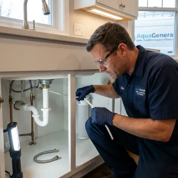 Carbon block drinking water filter installed under a sink