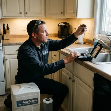 Water treatment technician testing home tap water