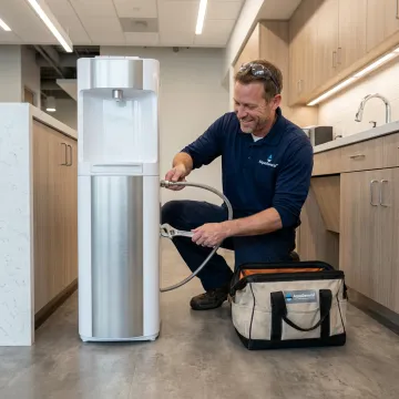 Technician servicing an office water cooler