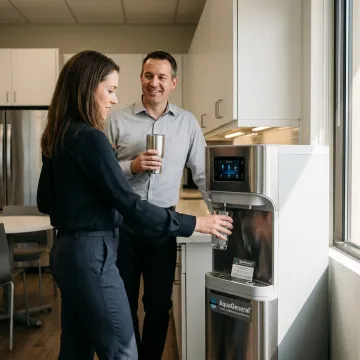 Filtered office water cooler in a breakroom