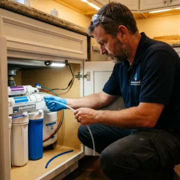 Technician installing an under sink reverse osmosis filter