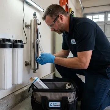 Technician servicing UV water purification lamp