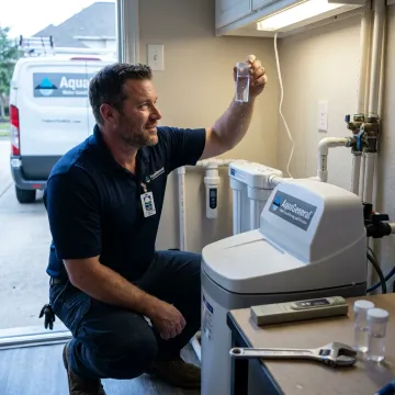 Specialist testing water beside filtration equipment