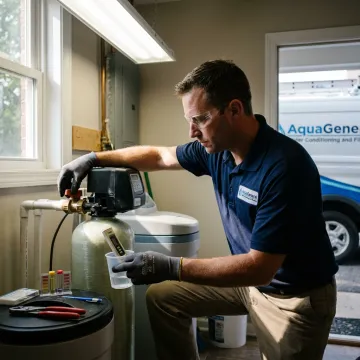 Technician inspecting a home water softener system