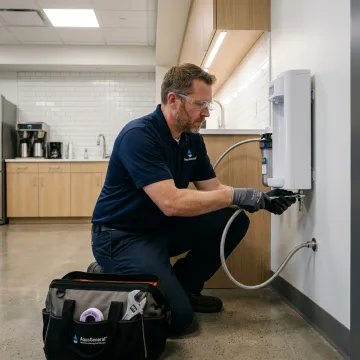 Technician installing a bottleless filtered water cooler