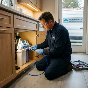 Technician installing undersink reverse osmosis filter