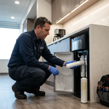 Technician servicing an office water cooler