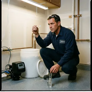 Technician inspecting a residential water softener system