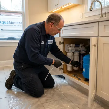 Technician installing an undersink reverse osmosis system
