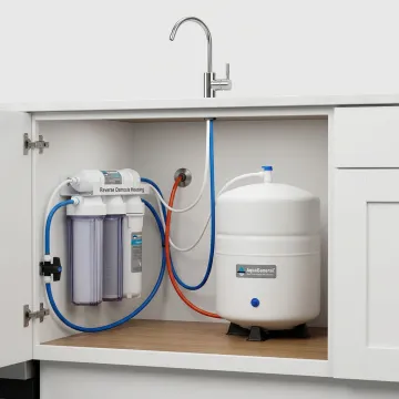 Undersink reverse osmosis filtration system installed in a kitchen cabinet