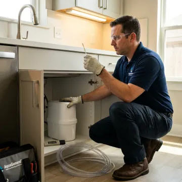 Water treatment specialist testing tap water in Friendswood home