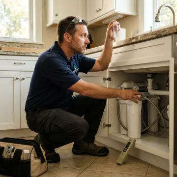 Water specialist testing water before filter replacement