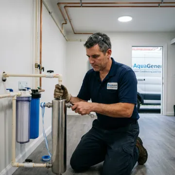 Technician installing UV water purification equipment