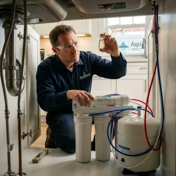 Technician testing water near RO filtration equipment