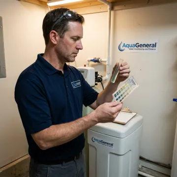 Technician testing water beside a whole-house softener system