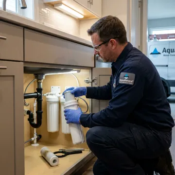 Water filter replacement technician servicing a filtration system