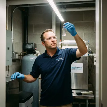 Technician testing facility water near purification equipment