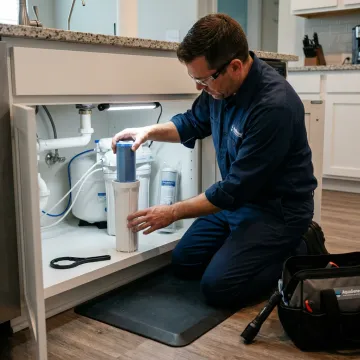 Technician replacing activated carbon water filter cartridge