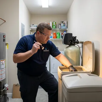 Water softener cleaning service in a home utility area