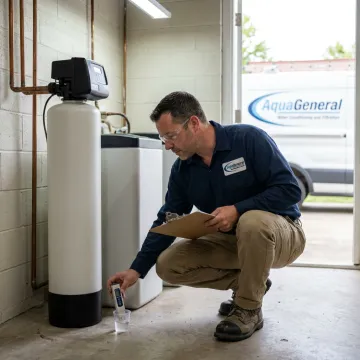 Technician testing water before installing a softener system