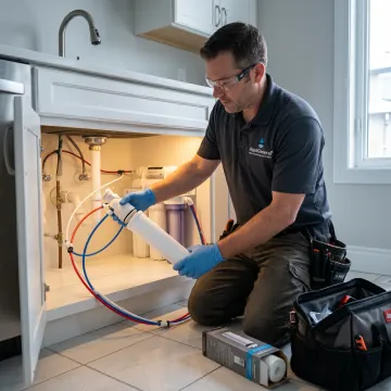 Technician servicing an undersink reverse osmosis system
