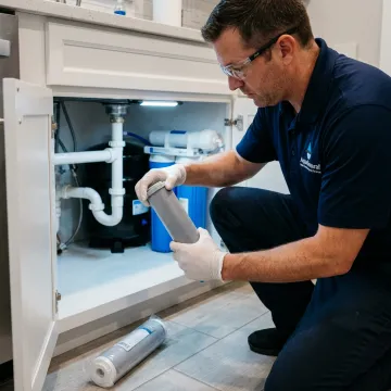 Technician replacing a post carbon water filter
