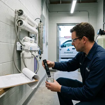 Technician testing clinical water purification equipment