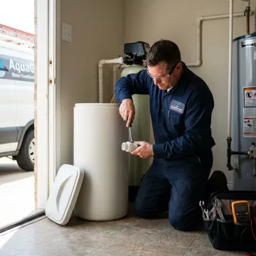 Water softener repair technician servicing equipment