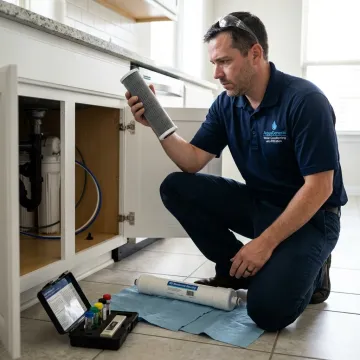 Technician inspecting water filtration components