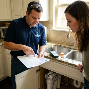 Water specialist reviewing well water test results with homeowner
