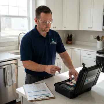 Well water testing specialist collecting a water sample
