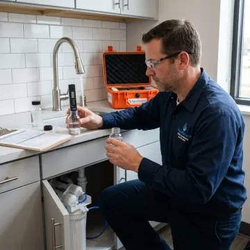 Technician testing office water filtration system