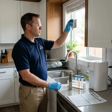 Technician testing water quality at a kitchen sink