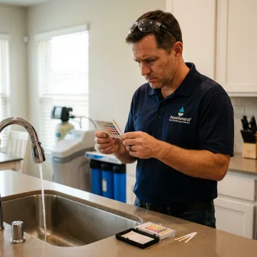 Technician testing water at a kitchen sink