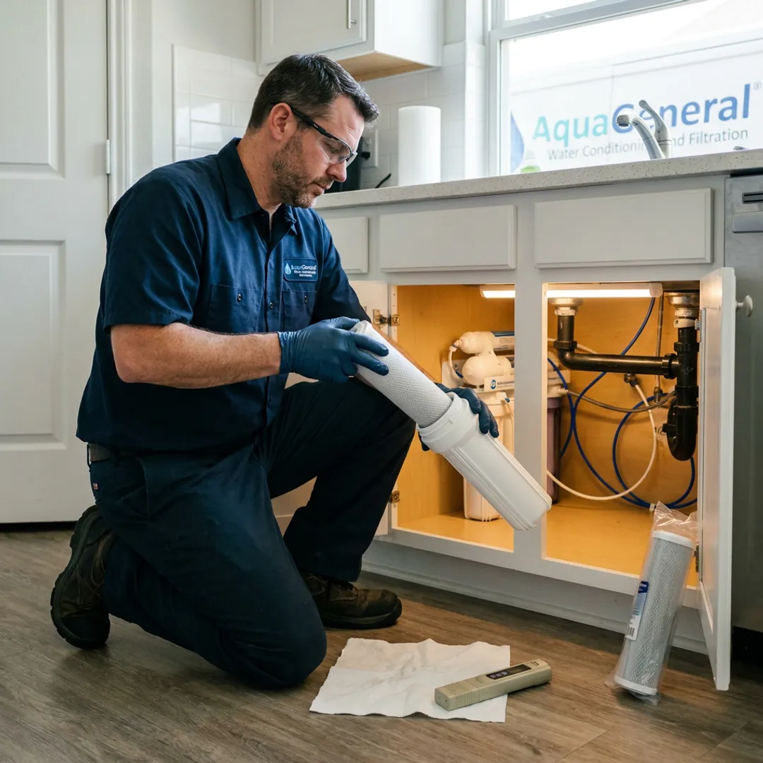 Technician replacing a water filter cartridge