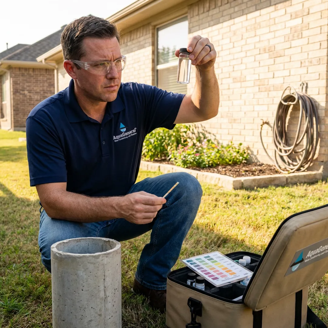 Technician testing well water before softener installation