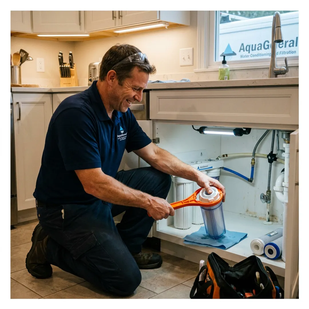 Technician replacing a post carbon water filter