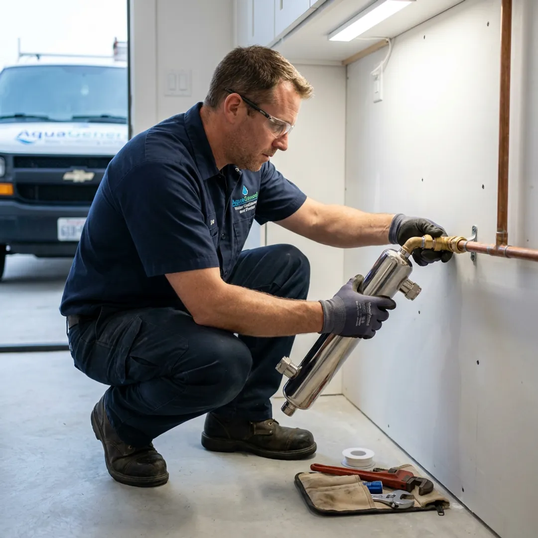 Technician installing UV water purification system
