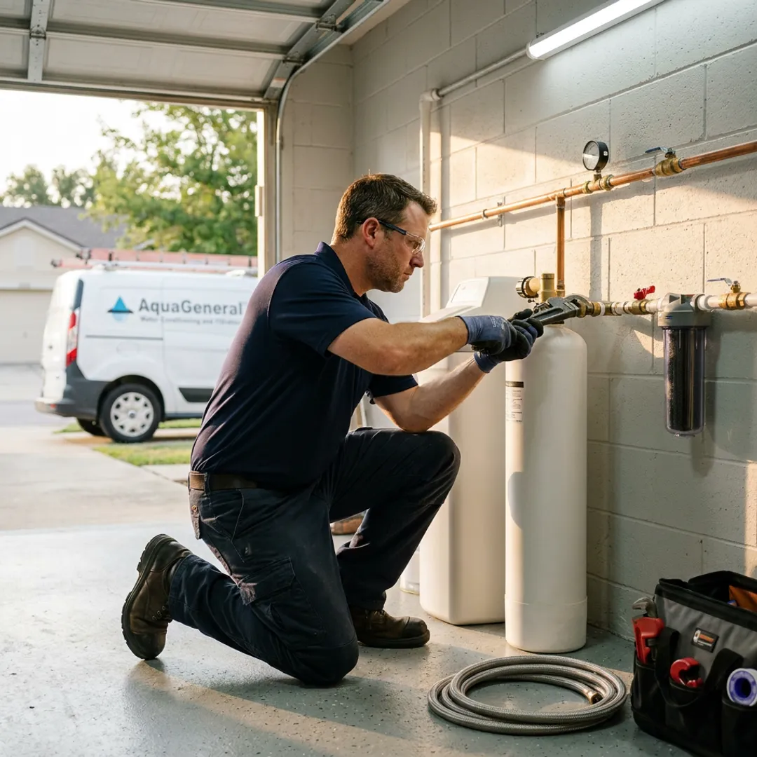 Technician installing a whole-house water filtration and softener system