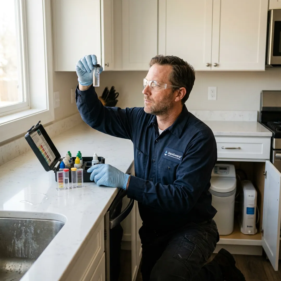 Technician testing water before system installation