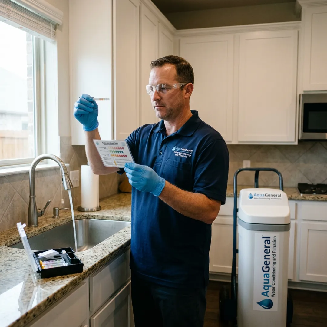 Water specialist testing tap water before softener installation