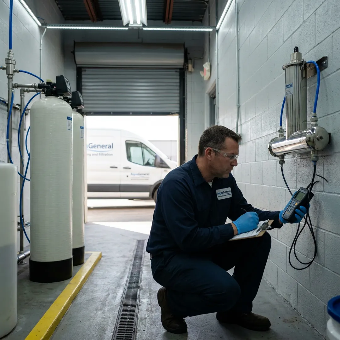 Technician inspecting commercial UV water treatment system