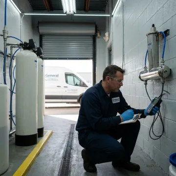 Technician inspecting commercial UV water treatment system
